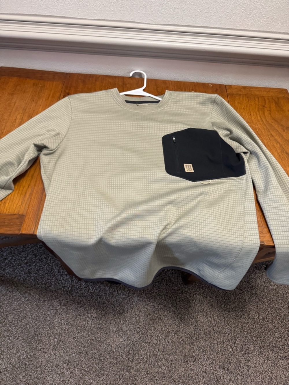 Topo Designs Sage Green Crewneck Sweatshirt with Black Zip Chest Pocket